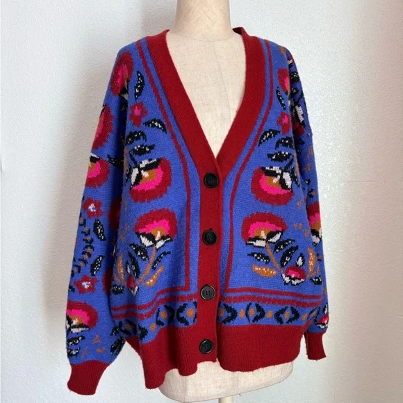 Farm Rio Knit Wool Blend Cardigan Palms Paradise Teal Floral Print Sweater S